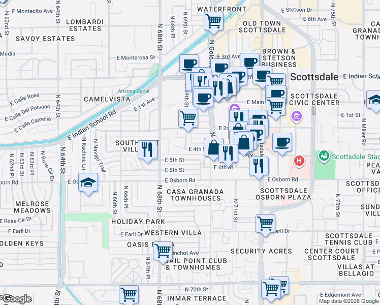 map of restaurants, bars, coffee shops, grocery stores, and more near 6925 East 5th Street in Scottsdale