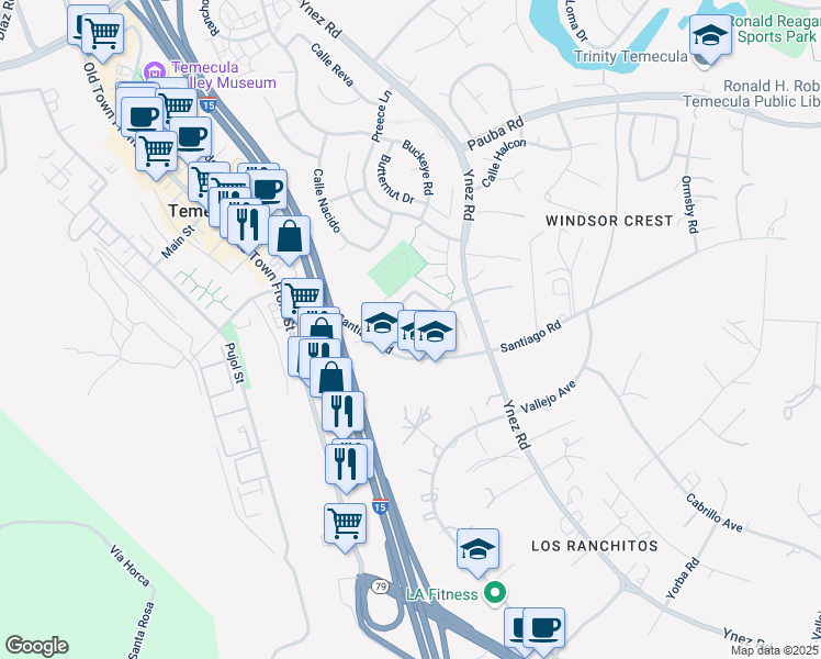 map of restaurants, bars, coffee shops, grocery stores, and more near 44051 Sheldon Court in Temecula
