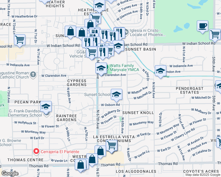 map of restaurants, bars, coffee shops, grocery stores, and more near 6601 West Columbus Avenue in Phoenix