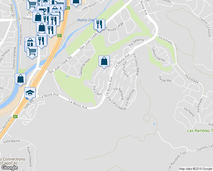 map of restaurants, bars, coffee shops, grocery stores, and more near 27369 Paseo Placentia in San Juan Capistrano