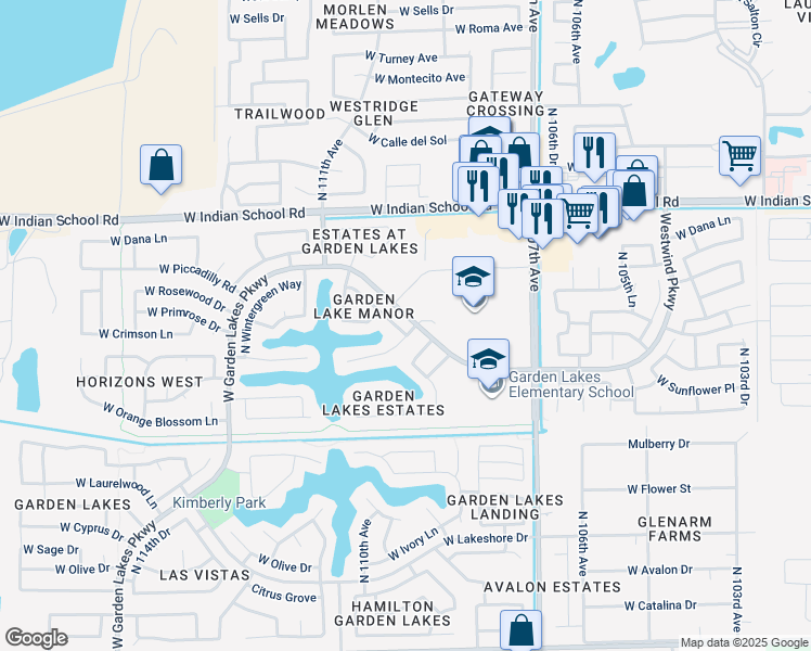 map of restaurants, bars, coffee shops, grocery stores, and more near 10938 West Poinsettia Drive in Avondale