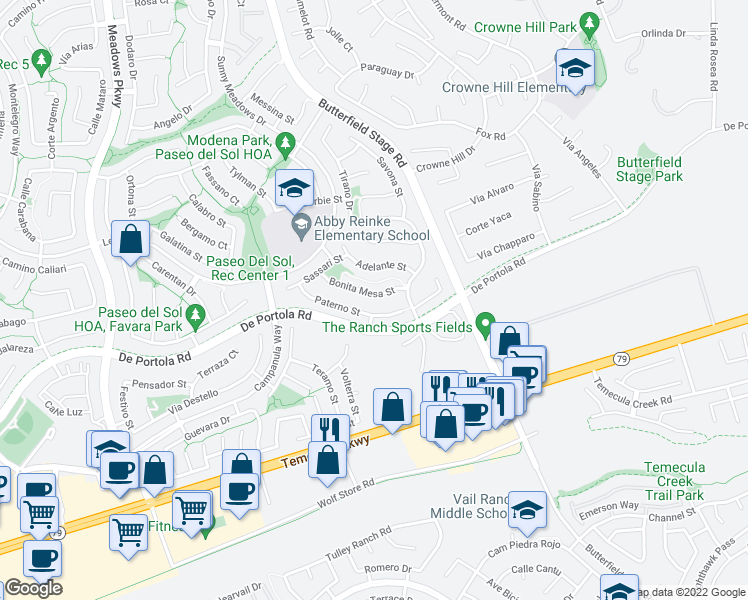 map of restaurants, bars, coffee shops, grocery stores, and more near 32957 Bonita Mesa Street in Temecula