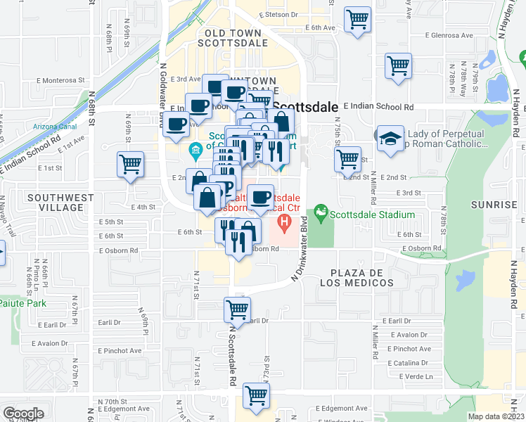 map of restaurants, bars, coffee shops, grocery stores, and more near 7300 East 4th Street in Scottsdale