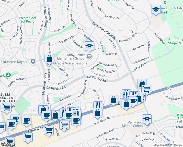 map of restaurants, bars, coffee shops, grocery stores, and more near 32776 De Portola Road in Temecula