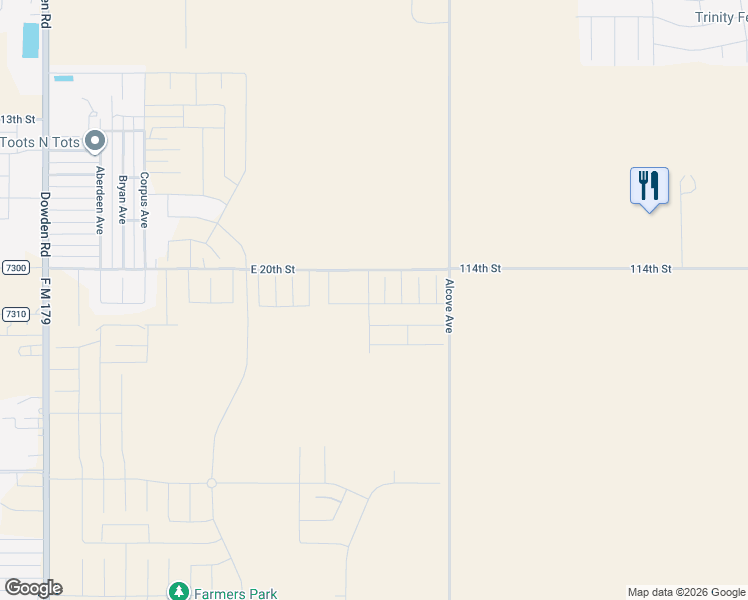 map of restaurants, bars, coffee shops, grocery stores, and more near 114th Street in Wolfforth