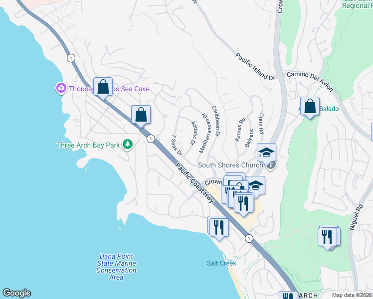 map of restaurants, bars, coffee shops, grocery stores, and more near 32641 Adriatic Drive in Dana Point