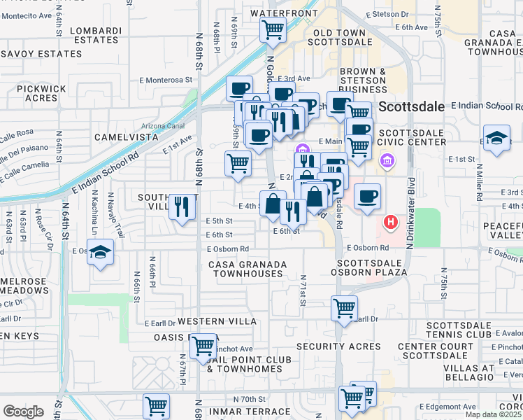 map of restaurants, bars, coffee shops, grocery stores, and more near 6925 East 5th Street in Scottsdale