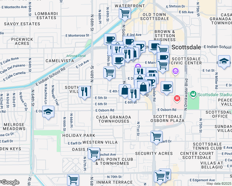 map of restaurants, bars, coffee shops, grocery stores, and more near 6925 East 5th Street in Scottsdale