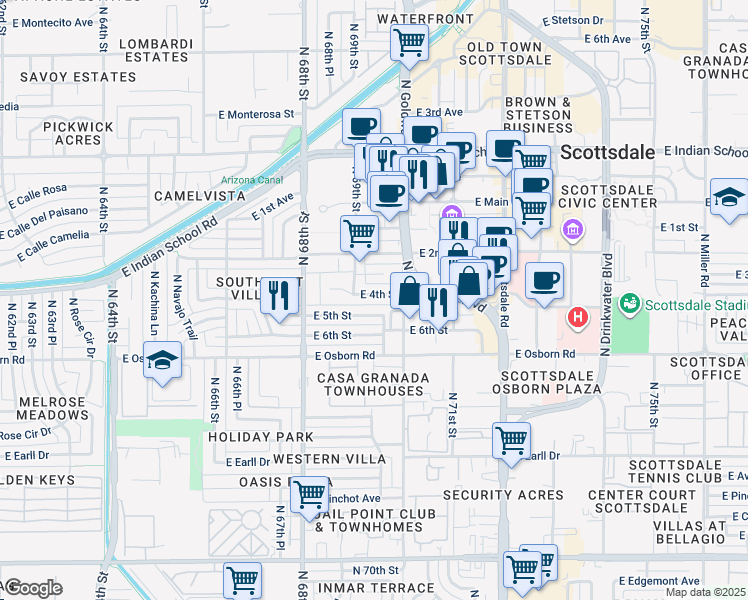 map of restaurants, bars, coffee shops, grocery stores, and more near 6925 East 5th Street in Scottsdale