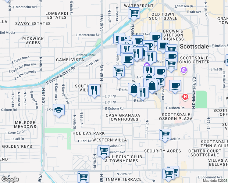 map of restaurants, bars, coffee shops, grocery stores, and more near 6836 East 5th Street in Scottsdale