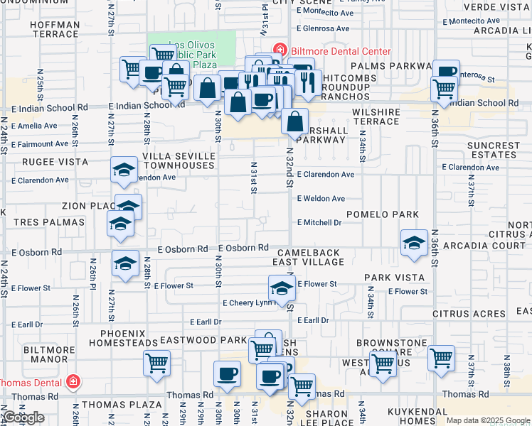 map of restaurants, bars, coffee shops, grocery stores, and more near in Phoenix