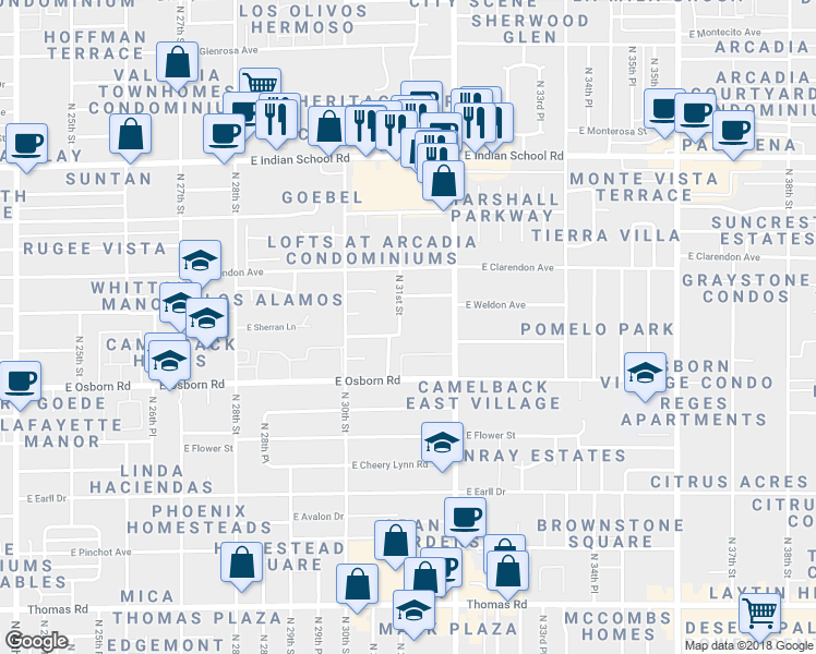 map of restaurants, bars, coffee shops, grocery stores, and more near 3431 North 31st Street in Phoenix