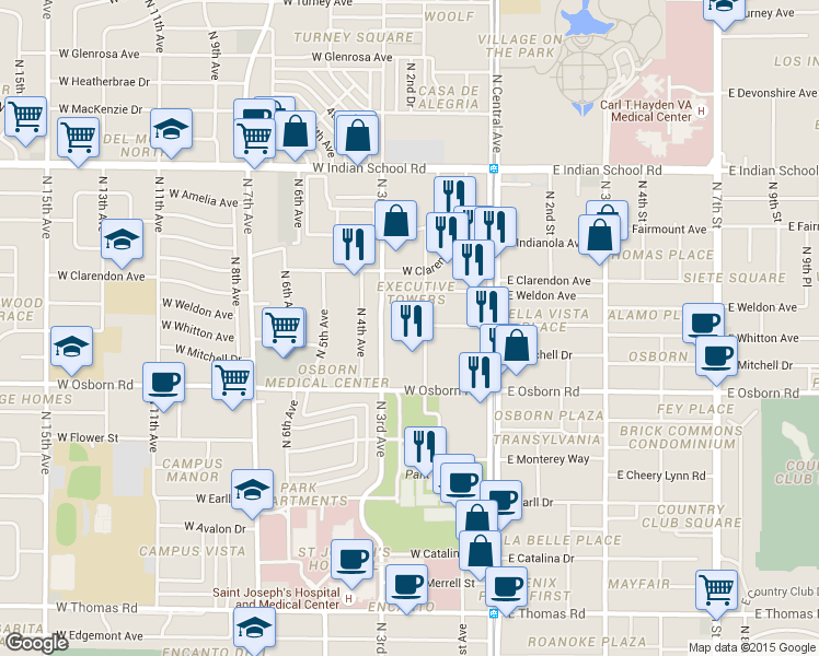 map of restaurants, bars, coffee shops, grocery stores, and more near 3600 North 2nd Avenue in Phoenix