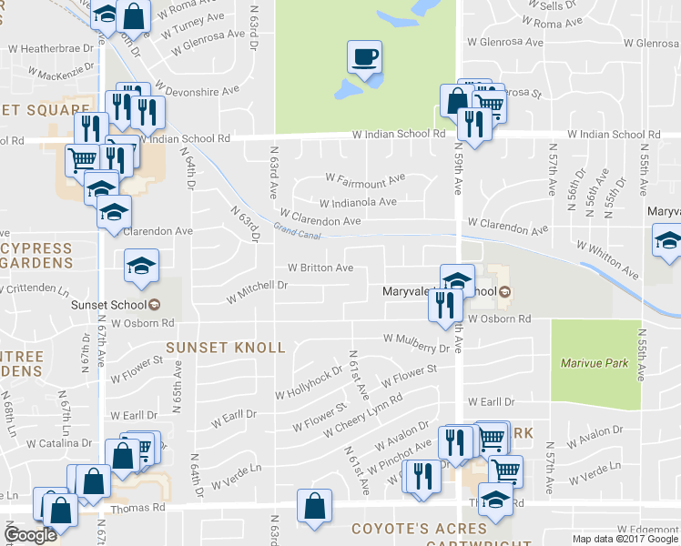 map of restaurants, bars, coffee shops, grocery stores, and more near 3433 North 61st Drive in Phoenix