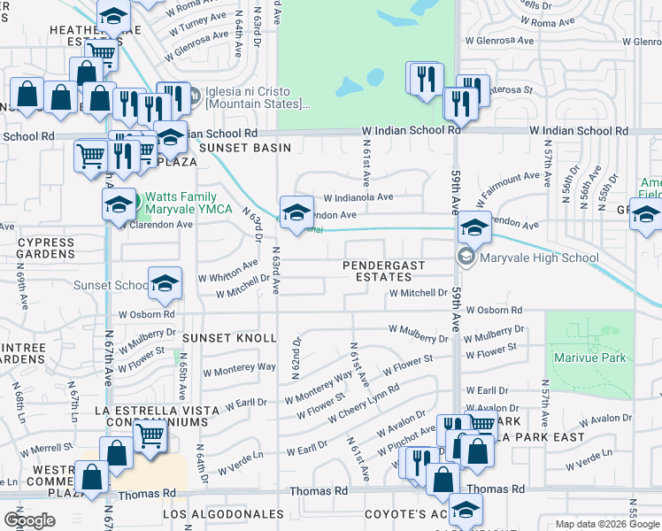 map of restaurants, bars, coffee shops, grocery stores, and more near 3433 North 61st Drive in Phoenix