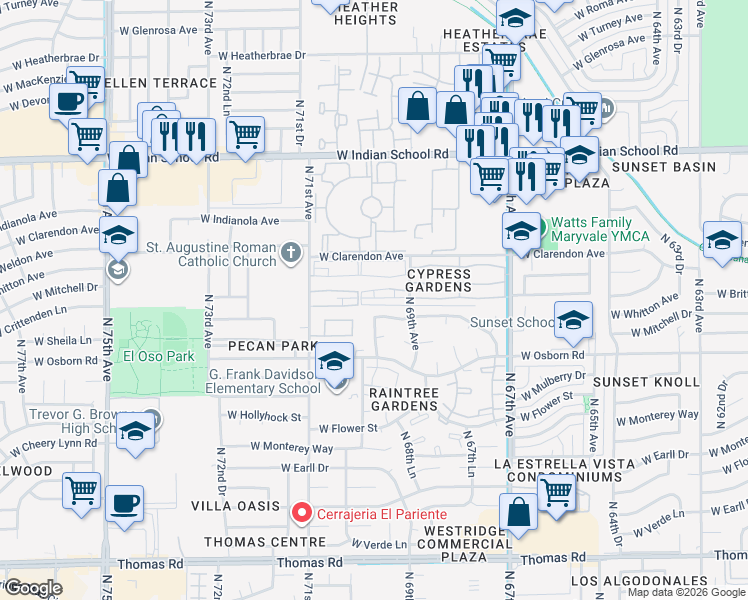 map of restaurants, bars, coffee shops, grocery stores, and more near 6938 West Crittenden Lane in Phoenix