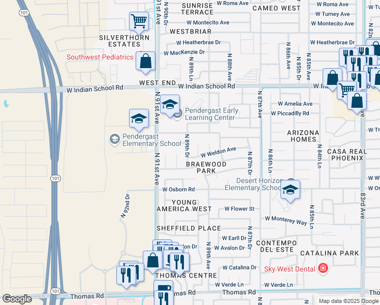 map of restaurants, bars, coffee shops, grocery stores, and more near 8921 West Weldon Avenue in Phoenix