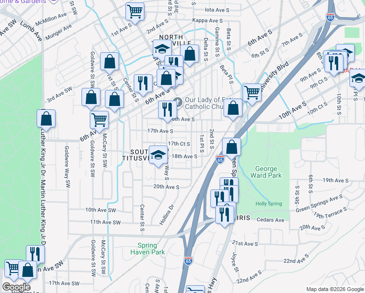 map of restaurants, bars, coffee shops, grocery stores, and more near 54 18th Avenue South in Birmingham