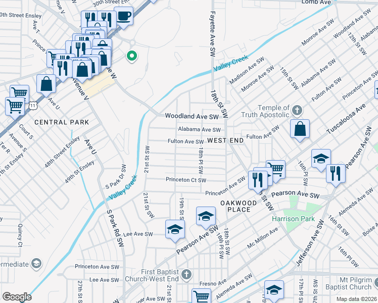 map of restaurants, bars, coffee shops, grocery stores, and more near 1868 Saint Charles Court Southwest in Birmingham