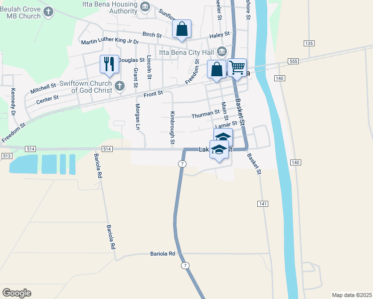 map of restaurants, bars, coffee shops, grocery stores, and more near 401 Lakeside Road in Itta Bena