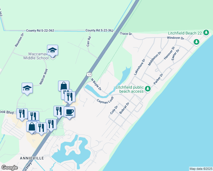 map of restaurants, bars, coffee shops, grocery stores, and more near 44 Starboard Court in Pawleys Island