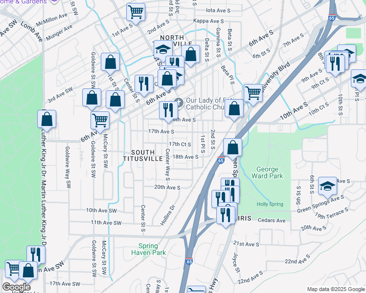 map of restaurants, bars, coffee shops, grocery stores, and more near 54 18th Avenue South in Birmingham