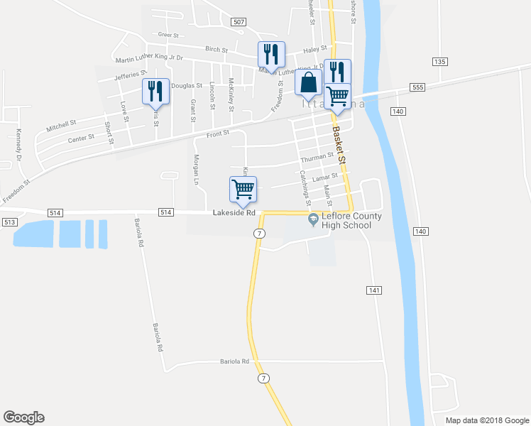 map of restaurants, bars, coffee shops, grocery stores, and more near 401 Lakeside Road in Itta Bena