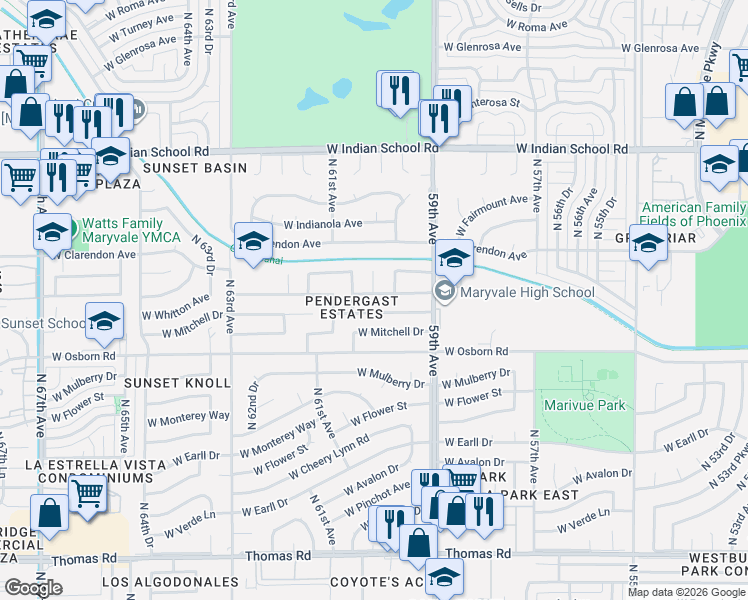 map of restaurants, bars, coffee shops, grocery stores, and more near 6021 West Whitton Avenue in Phoenix