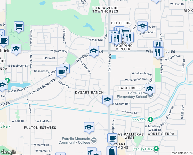 map of restaurants, bars, coffee shops, grocery stores, and more near 13125 West Fairmont Avenue in Litchfield Park