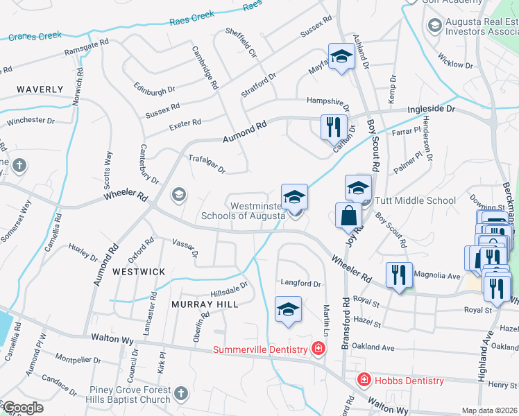 map of restaurants, bars, coffee shops, grocery stores, and more near 3274 Hillwood Lane in Augusta