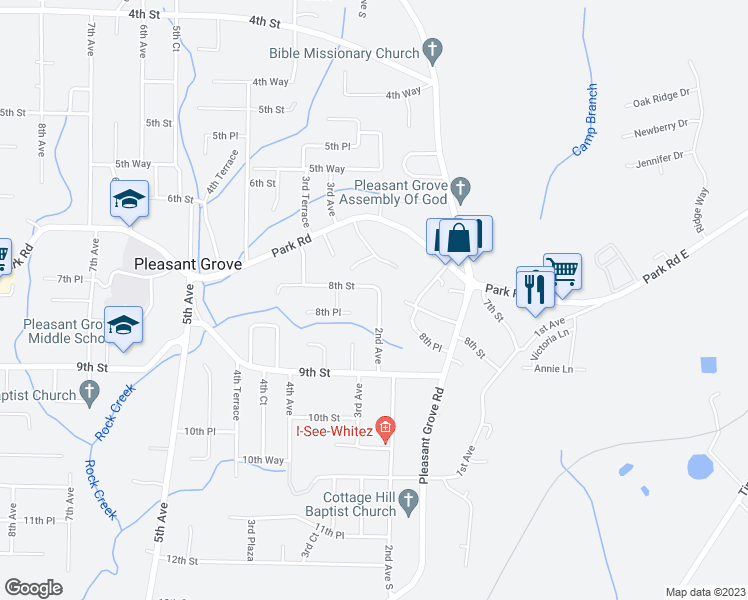 map of restaurants, bars, coffee shops, grocery stores, and more near 804 2nd Avenue in Pleasant Grove
