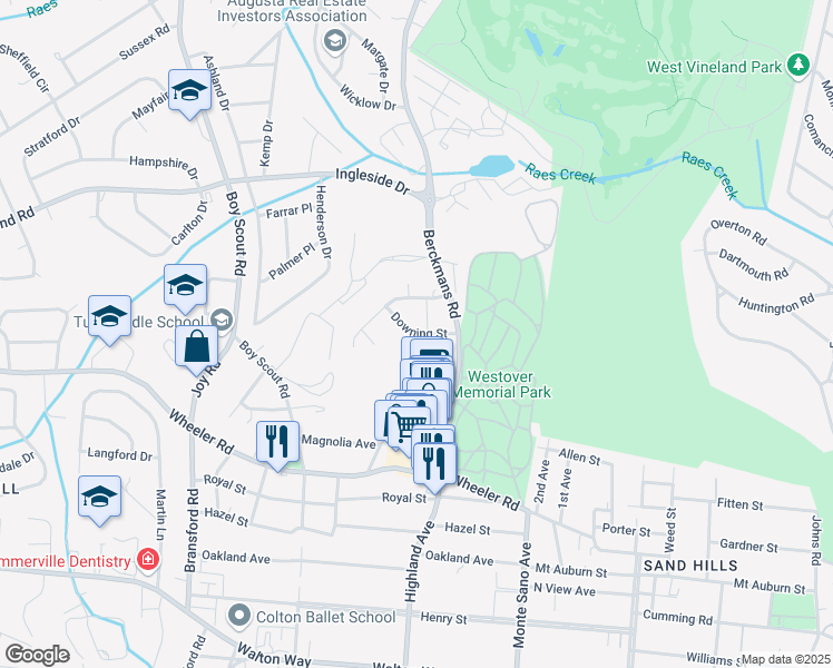 map of restaurants, bars, coffee shops, grocery stores, and more near 2707 Downing Street in Augusta