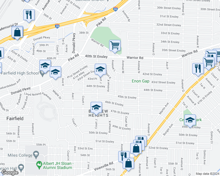 map of restaurants, bars, coffee shops, grocery stores, and more near 4401 Avenue K in Birmingham