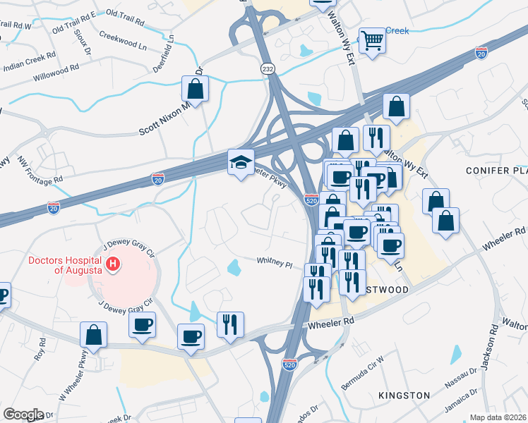 map of restaurants, bars, coffee shops, grocery stores, and more near 3000 Perimeter Parkway in Augusta