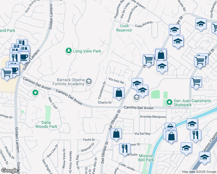 map of restaurants, bars, coffee shops, grocery stores, and more near 25551 Dana Mesa Drive in San Juan Capistrano