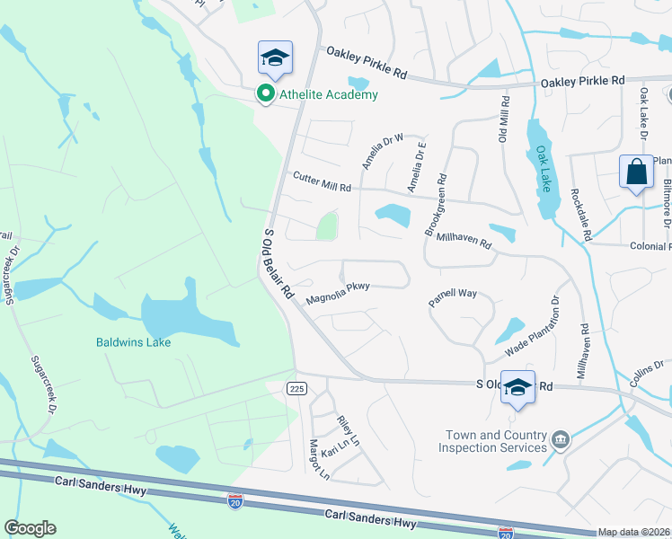 map of restaurants, bars, coffee shops, grocery stores, and more near 2019 Magnolia Parkway in Grovetown