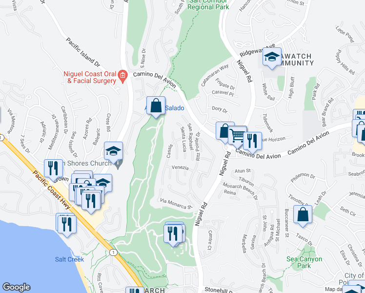 map of restaurants, bars, coffee shops, grocery stores, and more near 37 Santa Lucia in Dana Point