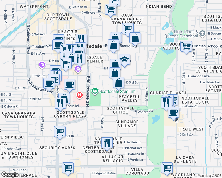 map of restaurants, bars, coffee shops, grocery stores, and more near 3620 North Miller Road in Scottsdale