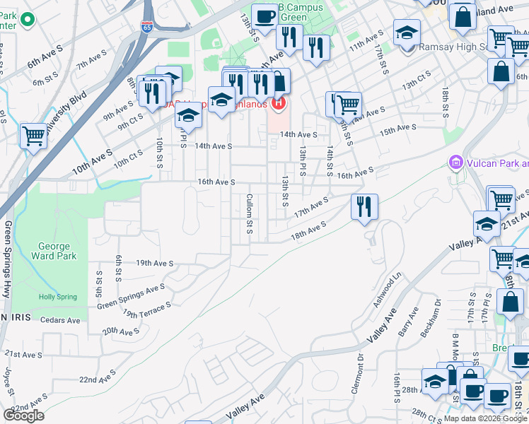 map of restaurants, bars, coffee shops, grocery stores, and more near 1215 17th Avenue South in Birmingham