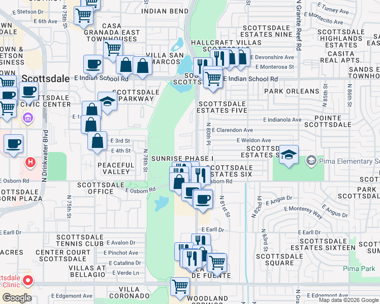 map of restaurants, bars, coffee shops, grocery stores, and more near 8001 East Whitton Avenue in Scottsdale