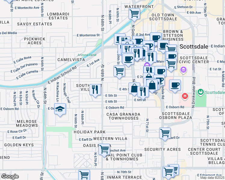 map of restaurants, bars, coffee shops, grocery stores, and more near 6836 East 5th Street in Scottsdale