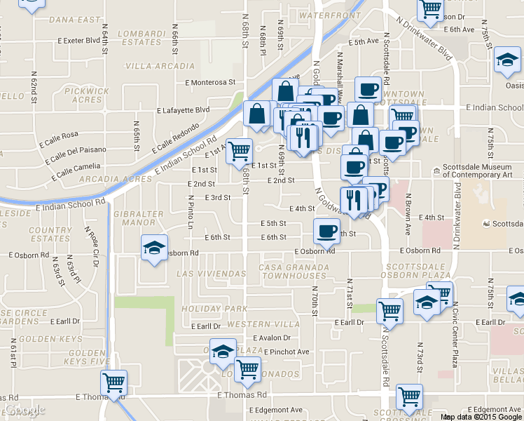 map of restaurants, bars, coffee shops, grocery stores, and more near 6836 East 5th Street in Scottsdale