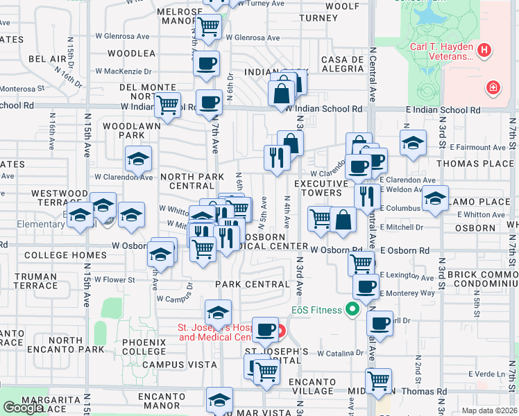 map of restaurants, bars, coffee shops, grocery stores, and more near 3601 North 5th Avenue in Phoenix