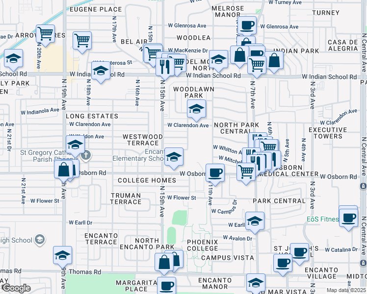 map of restaurants, bars, coffee shops, grocery stores, and more near 1420 West Osborn Road in Phoenix