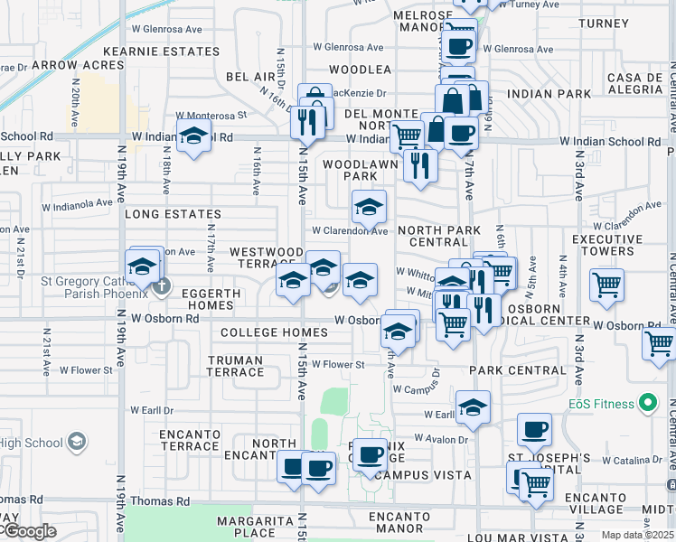 map of restaurants, bars, coffee shops, grocery stores, and more near 1420 West Osborn Road in Phoenix