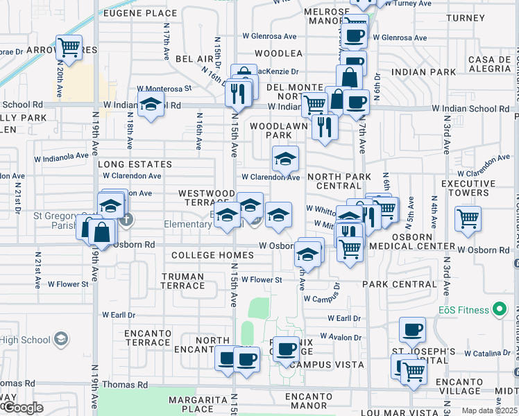 map of restaurants, bars, coffee shops, grocery stores, and more near 1420 West Osborn Road in Phoenix