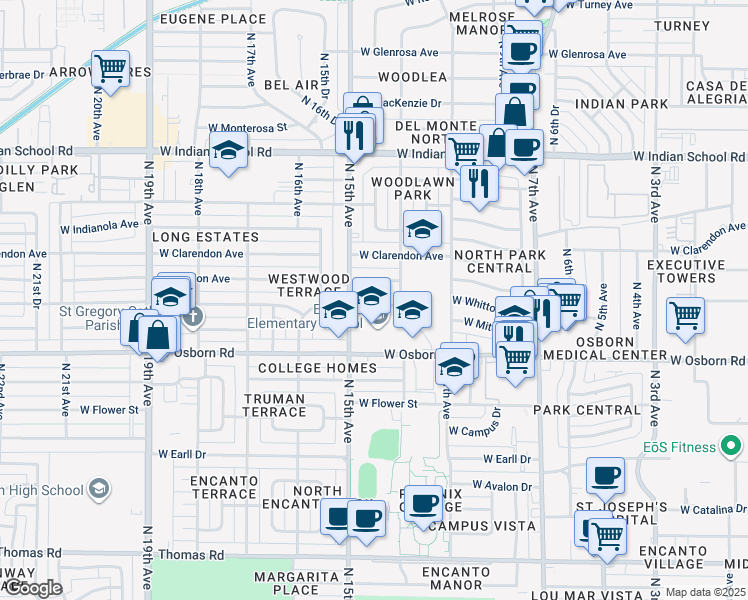 map of restaurants, bars, coffee shops, grocery stores, and more near 1420 West Osborn Road in Phoenix