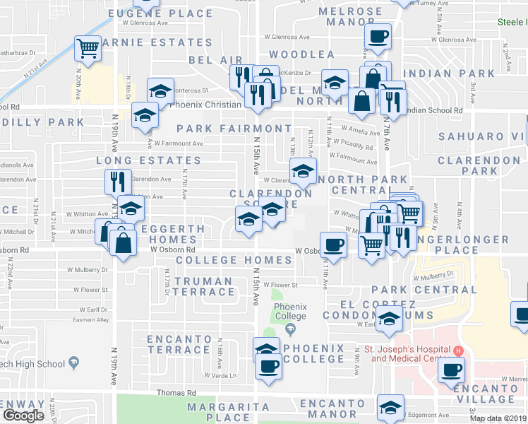 map of restaurants, bars, coffee shops, grocery stores, and more near 1420 West Osborn Road in Phoenix