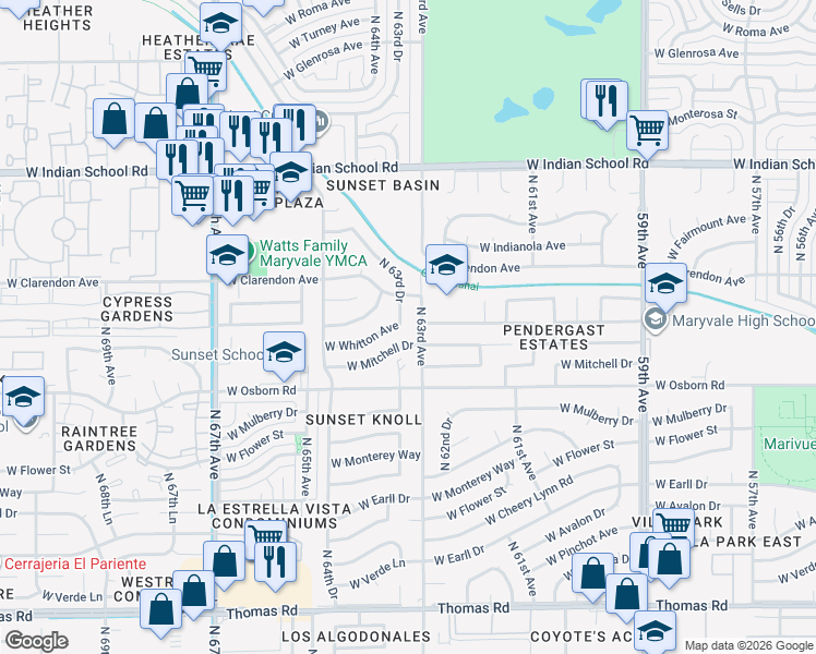 map of restaurants, bars, coffee shops, grocery stores, and more near 6307 West Mitchell Drive in Phoenix