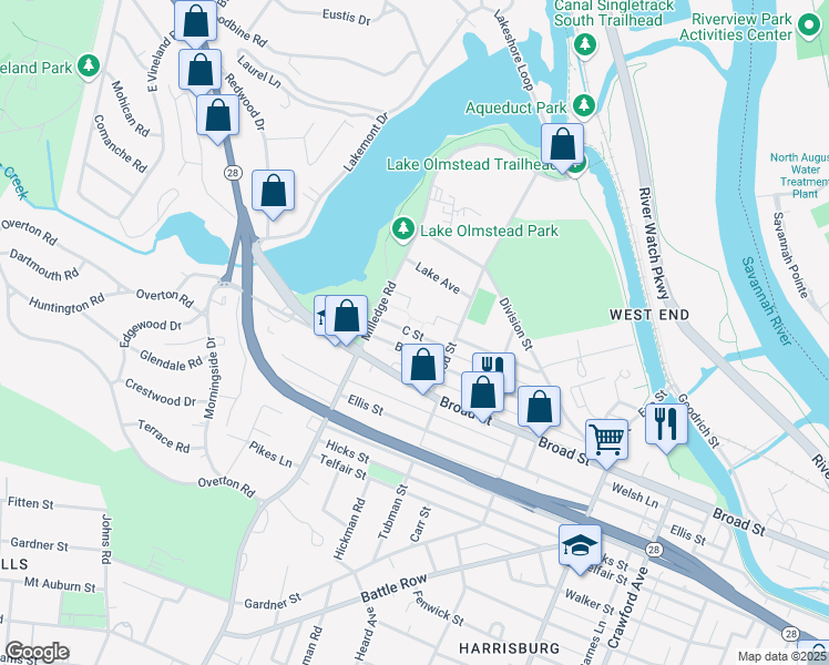 map of restaurants, bars, coffee shops, grocery stores, and more near 2133 B Street in Augusta